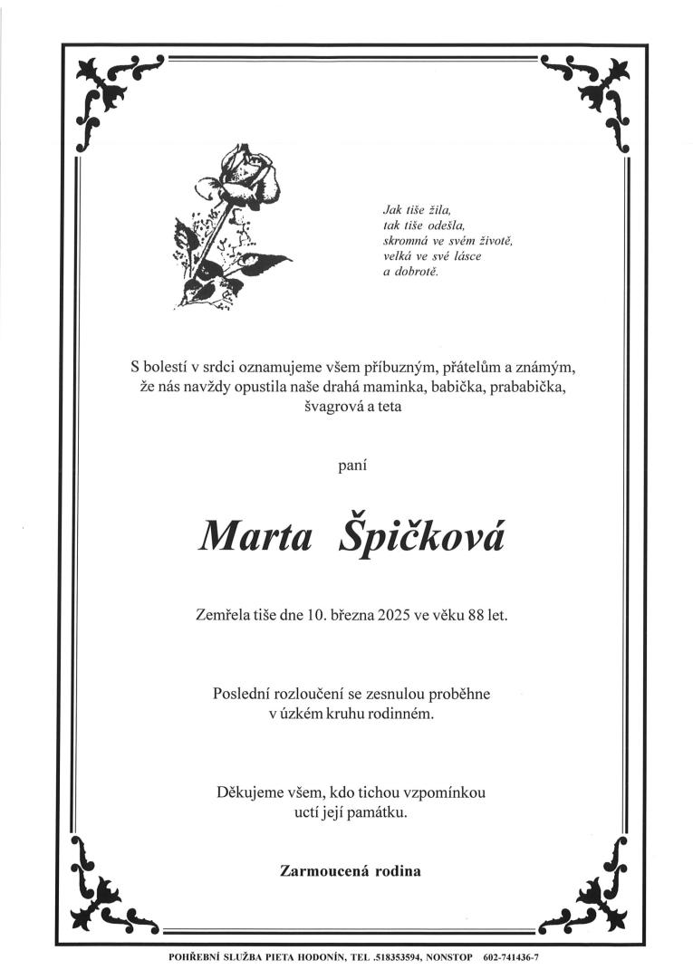 zemřela Marta Špičková
